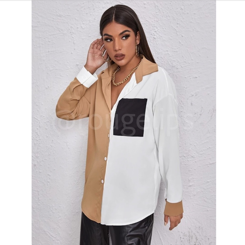 Drop Shoulder Oversized Colorblock Button Down Shirt White Tan Black - Picture 3 of 9